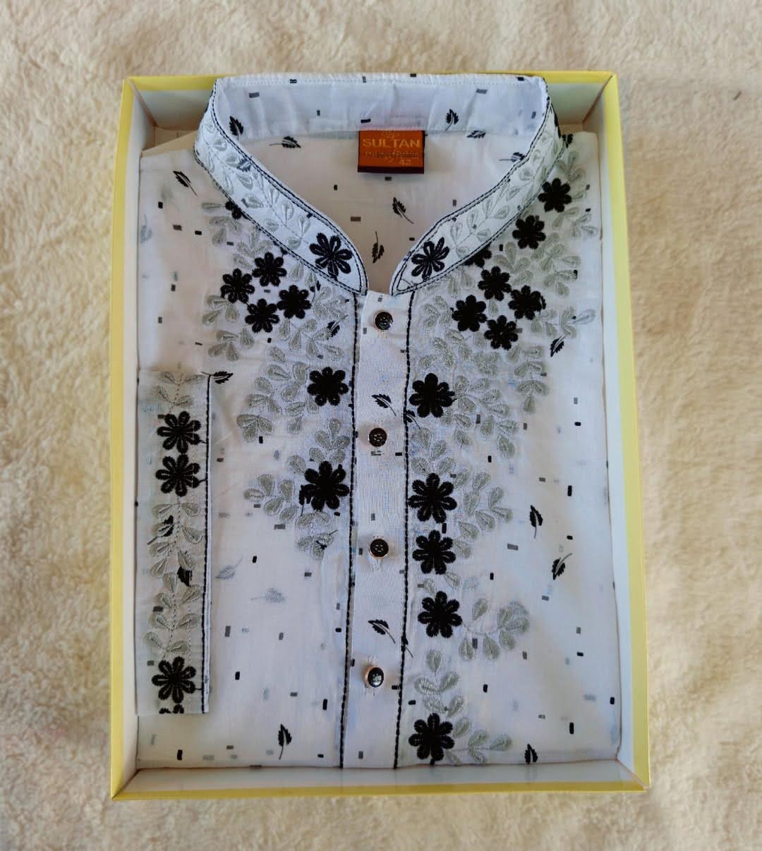 Adhi Dhuti Kaporer Embroidery Panjabi (Black Prints)