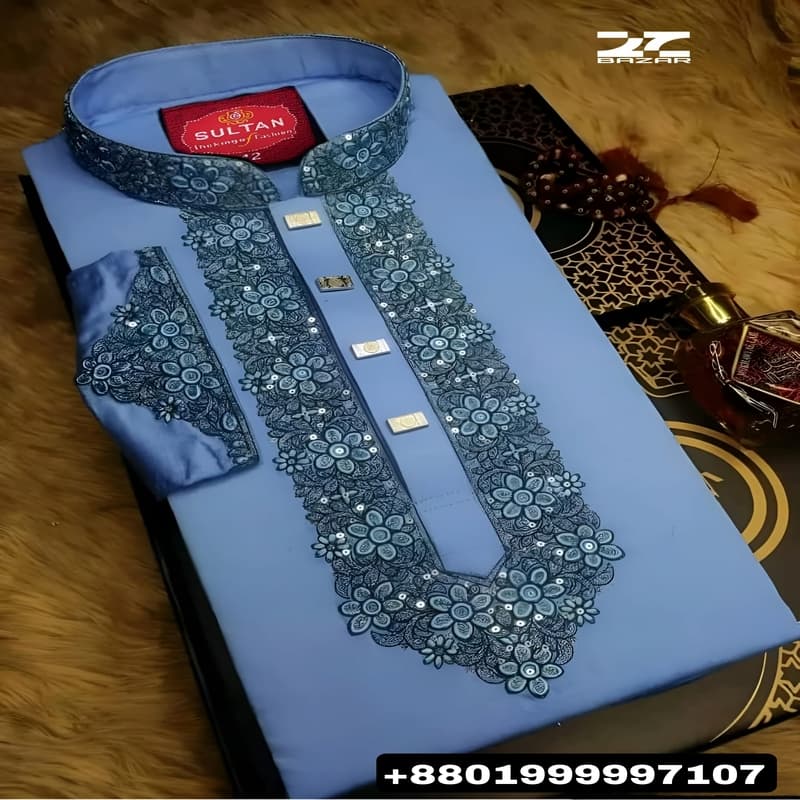 China Micro Febrics Premium Sequence Embroidery Luxury Panjabi (Blue)