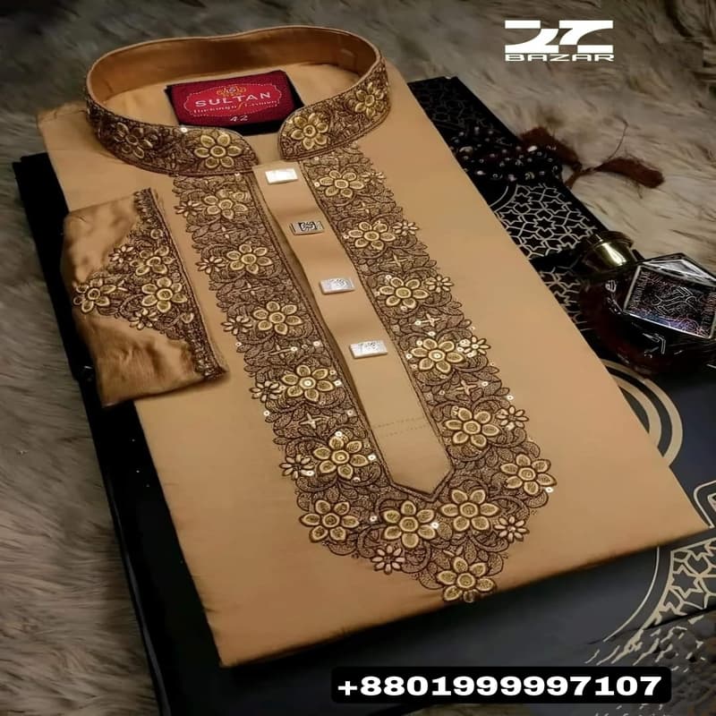 China Micro Febrics Premium Sequence Embroidery Luxury Panjabi (Brown)