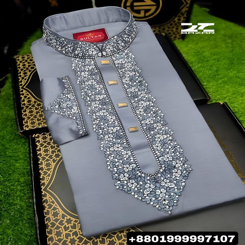 China Micro Febrics Premium Sequence Embroidery Luxury Panjabi (Ash]